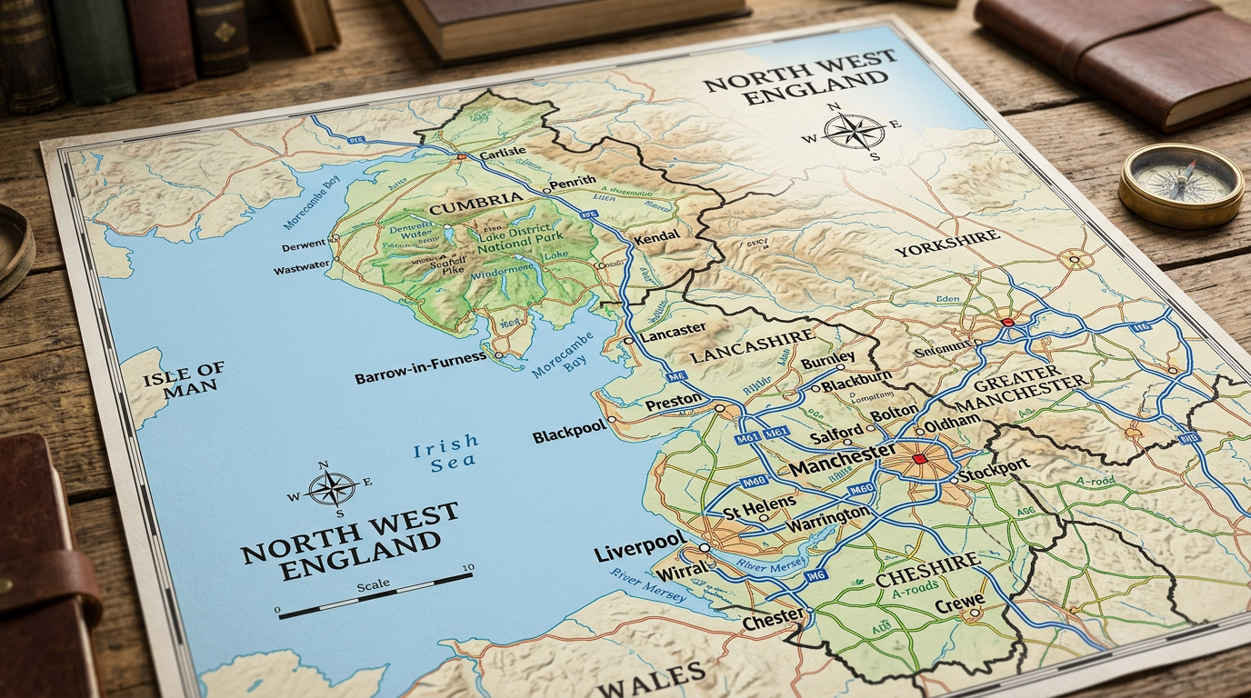 Map of North West England showing Cumbria, Lancashire, Greater Manchester, and Cheshire with cities, roads, and geographic features