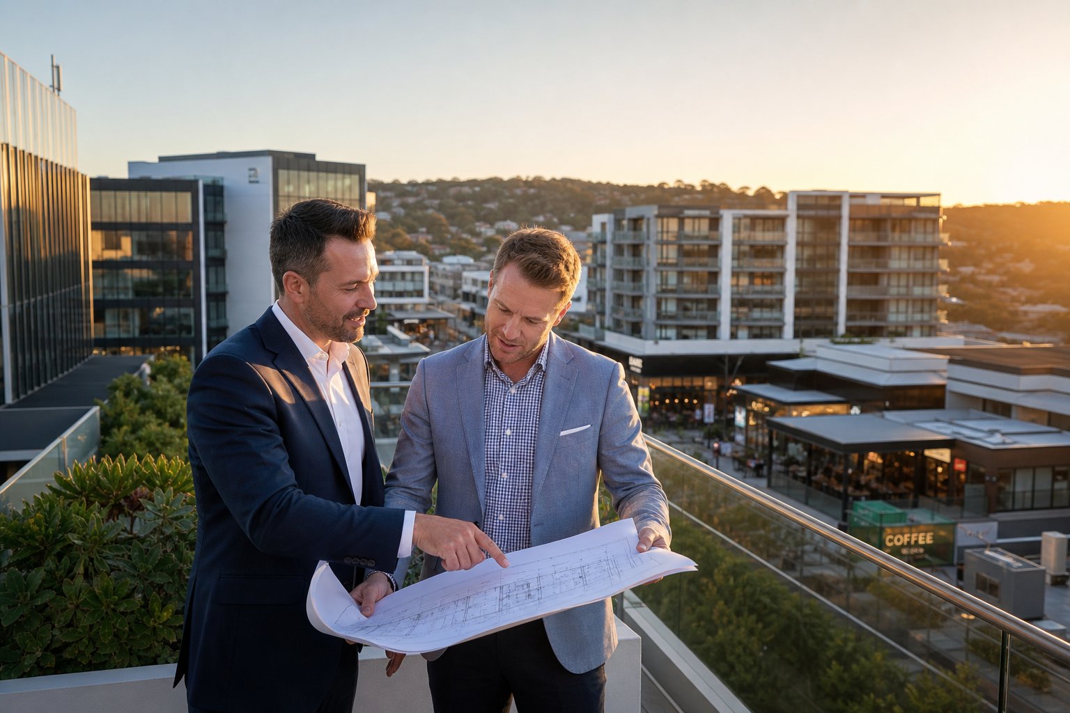 commercial mortgage advisor and property investor reviewing plans on a rooftop overlooking modern of Commercial Mortgage Broker in Bolton