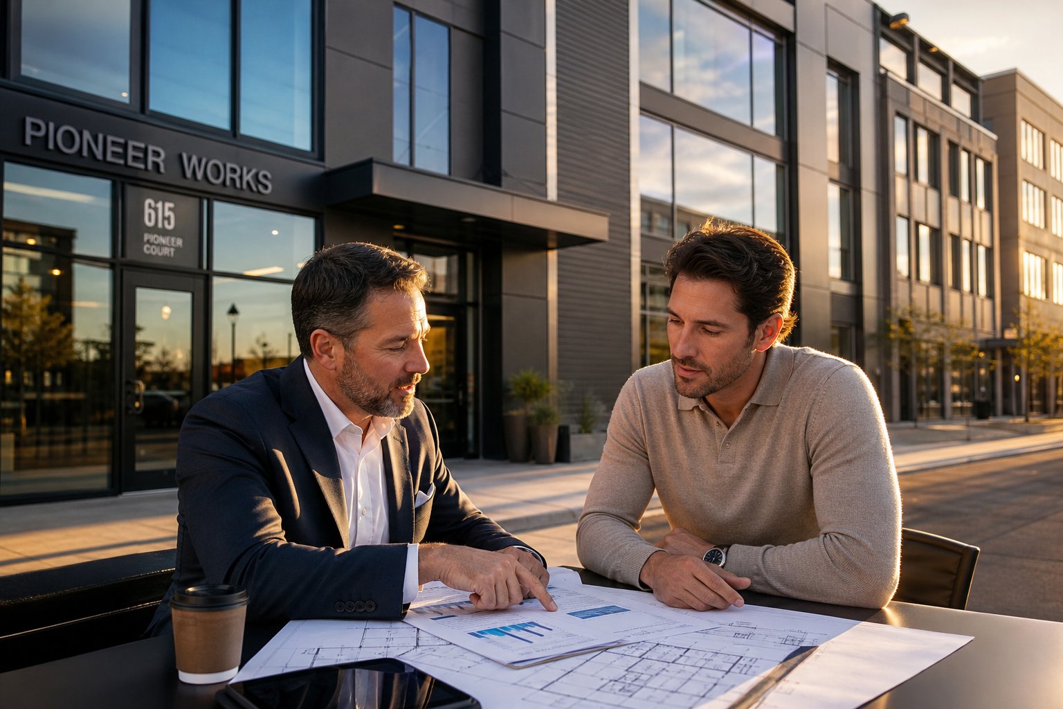 commercial mortgage advisor meeting a business owner outside a modern office building in a polished Commercial Mortgage Broker Ormskirk