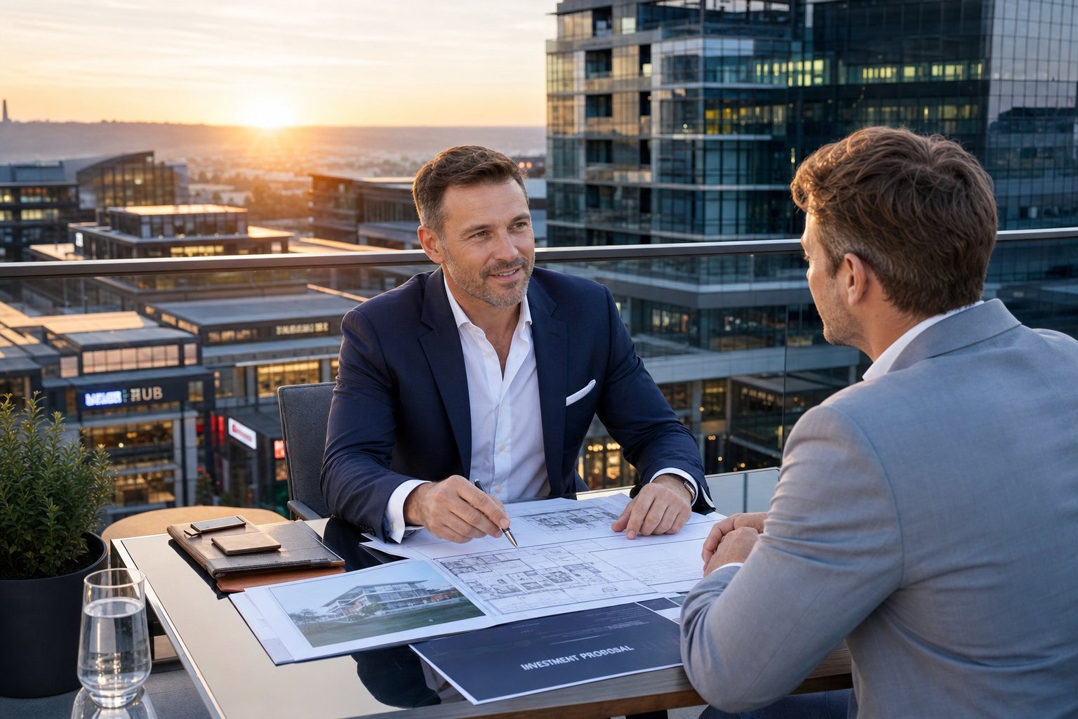 commercial mortgage advisor meeting a property investor on a rooftop overlooking modern office and r Commercial Mortgage Broker Clitheroe