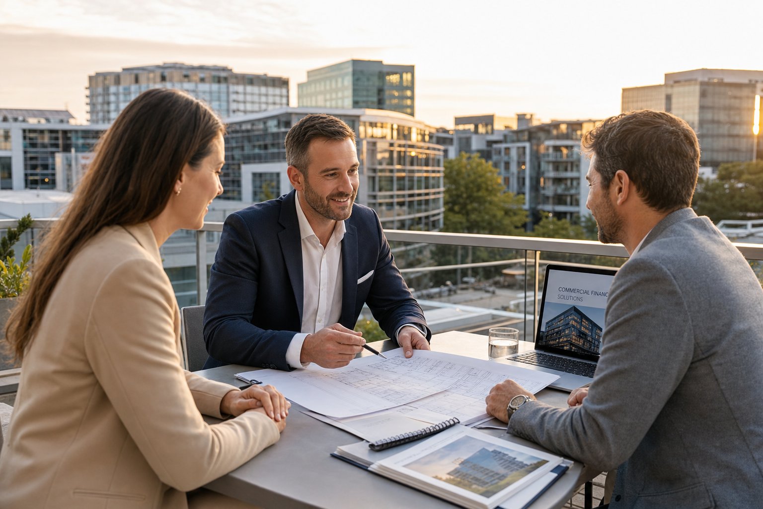 commercial mortgage advisor meeting property investors on a rooftop overlooking a modern business di Commercial Mortgage Brokers Worsley