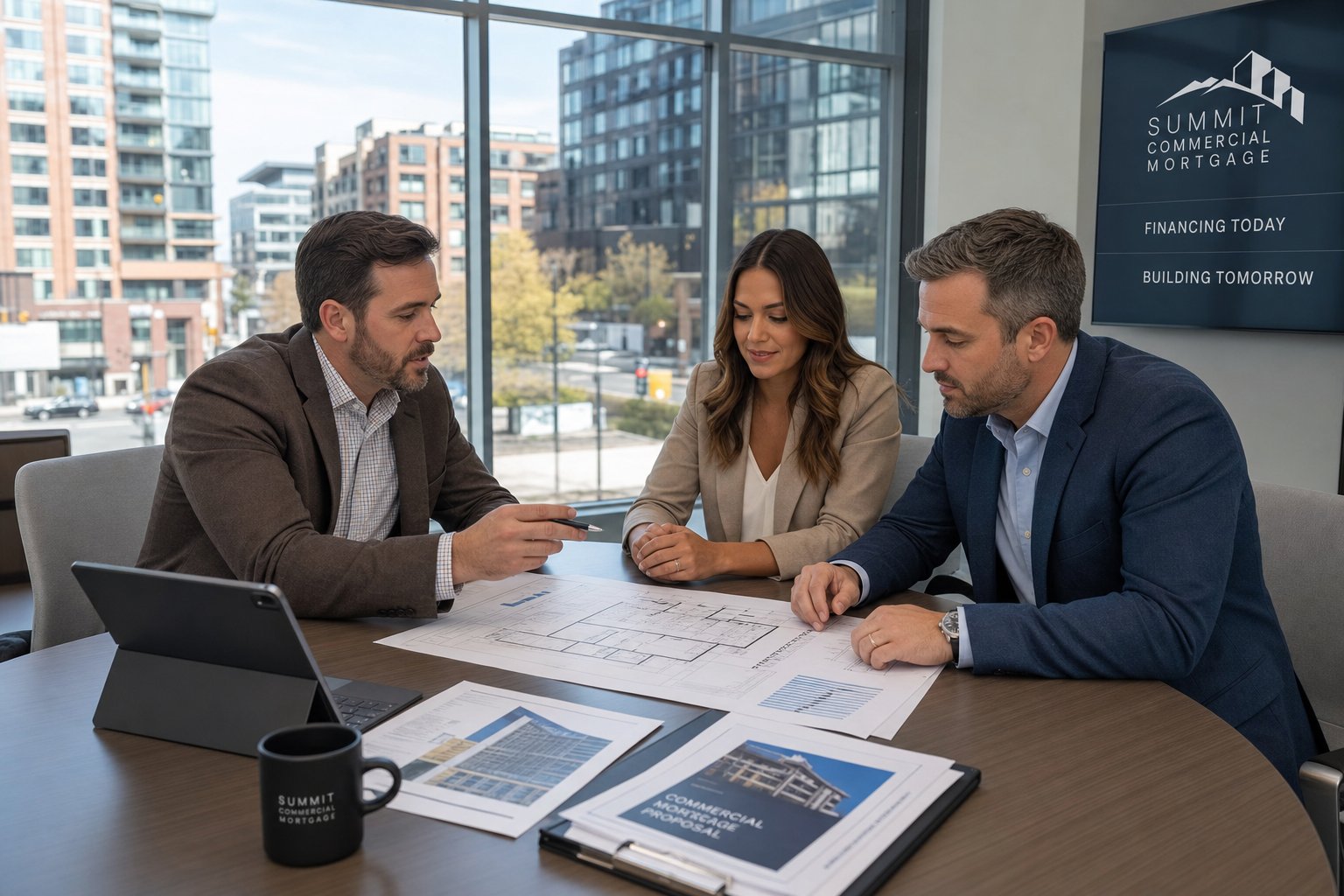 commercial mortgage advisor meeting with business clients in a modern office overlooking city commer Commercial Mortgage Broker Stockport - Purchase and Refi