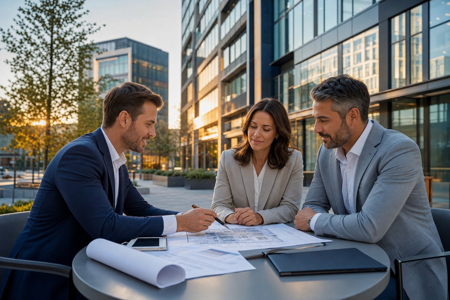 commercial mortgage advisor meeting with business owners outside a modern office building in a polis Commercial Mortgage Brokers Preston