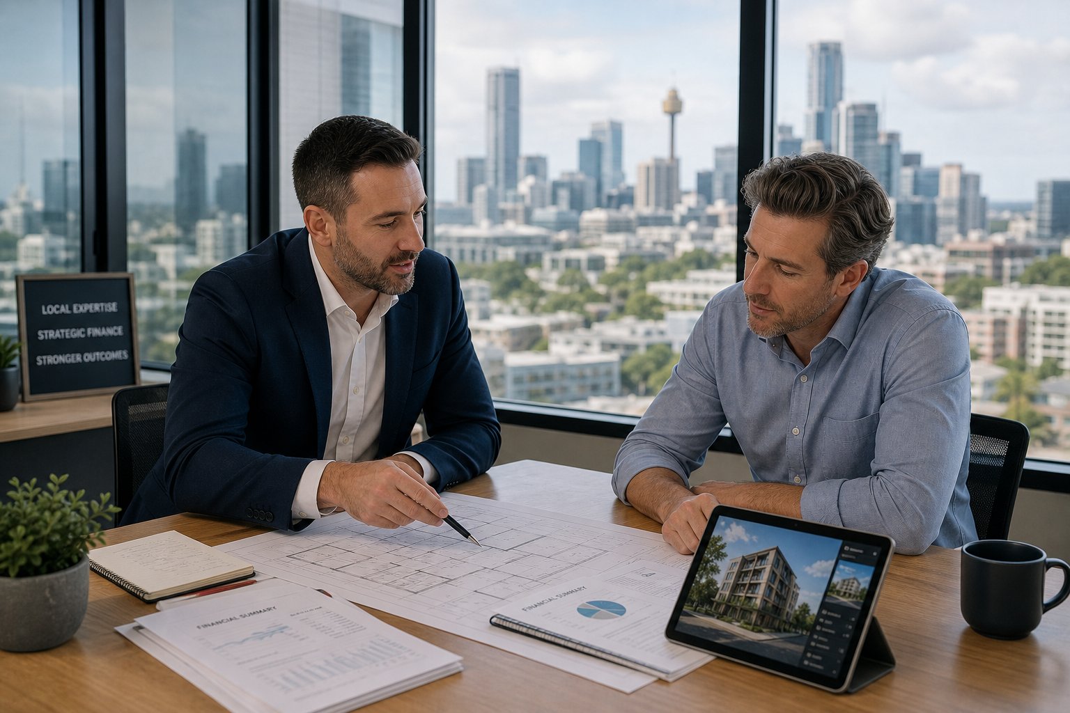 commercial mortgage broker consulting with a client in a modern office reviewing property plans and Commercial Mortgage Broker Burnley for Commercial Property Finance