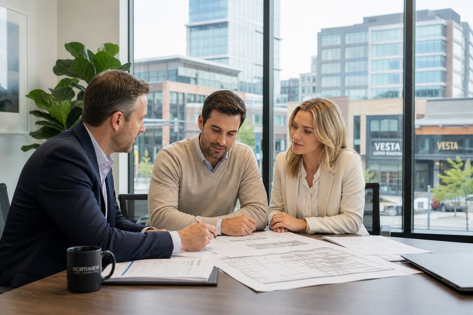 commercial mortgage broker meeting clients in a modern office with city buildings visible through la Commercial Mortgage Broker Altrincham
