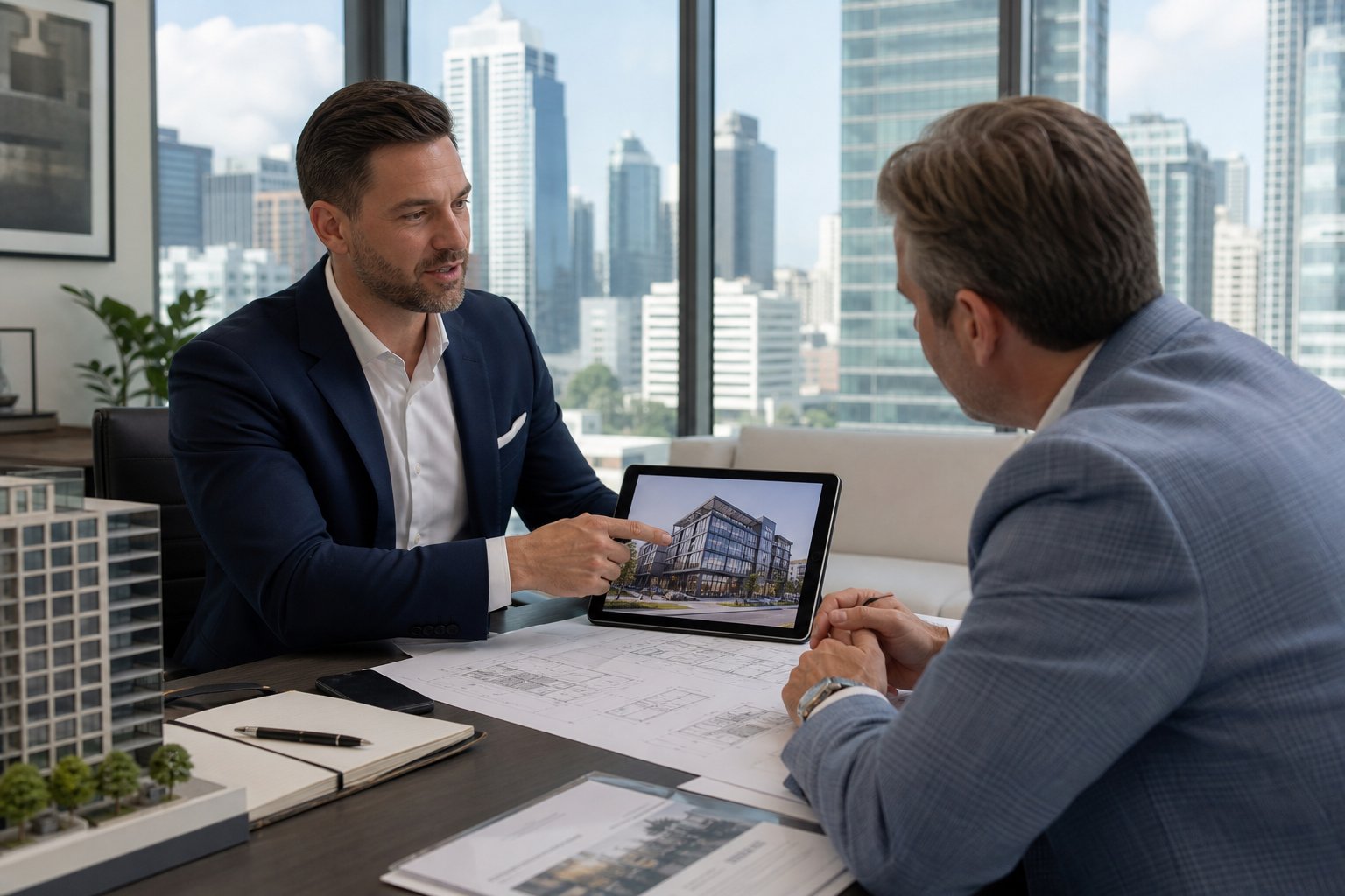 commercial mortgage consultation in a modern office with advisor investor property plans and city Commercial Mortgage Broker Lancaster
