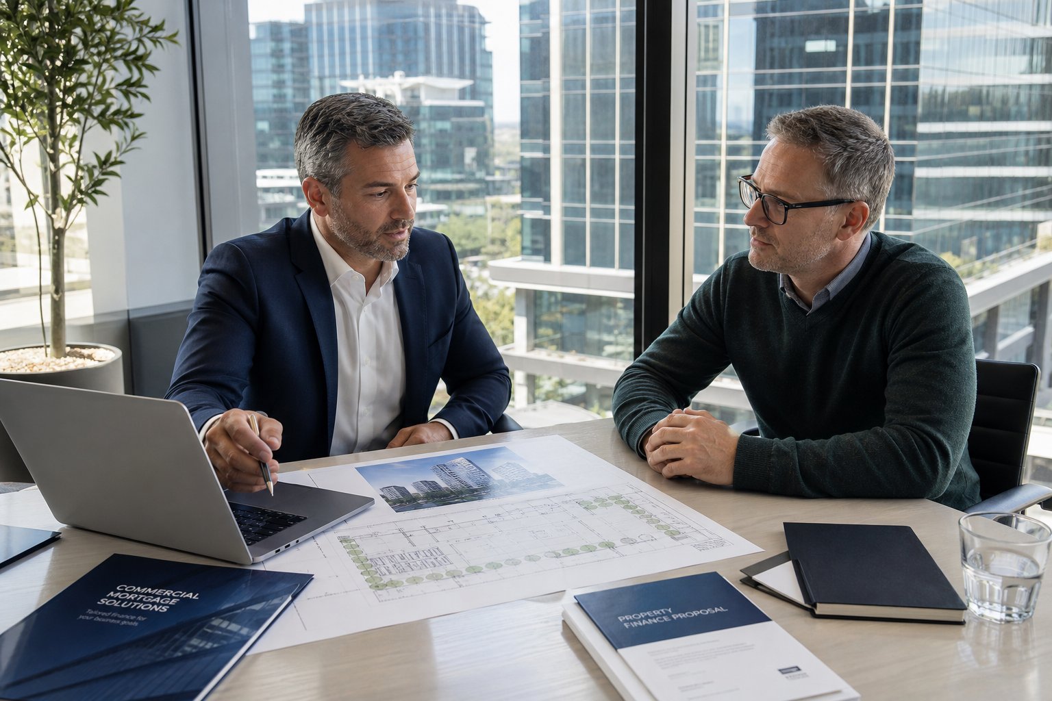 commercial mortgage consultation in a modern office with city views property plans and a professio Commercial Mortgage Broker Ramsbottom