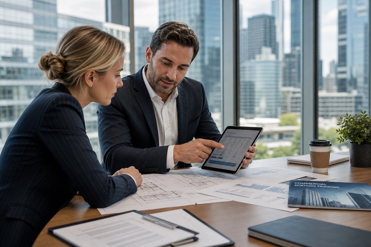finance professionals reviewing commercial property plans and mortgage documents in a modern office Commercial Mortgage Broker Rawtenstall