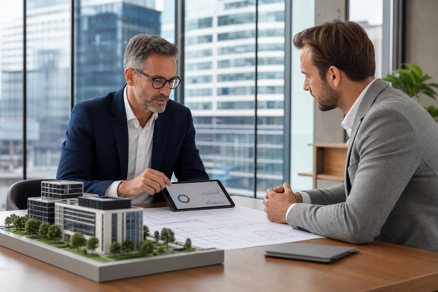 financial advisor and commercial property investor reviewing plans and financial data in a modern of Commercial Mortgage Broker Hale