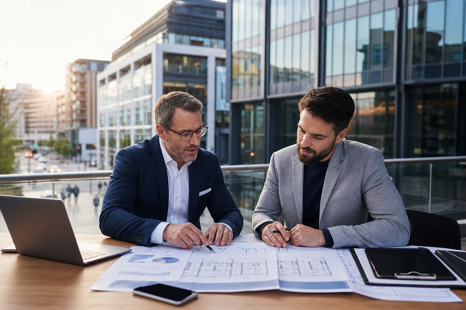 financial consultant and investor reviewing commercial property plans on a terrace overlooking moder Commercial Mortgage Broker Chorley