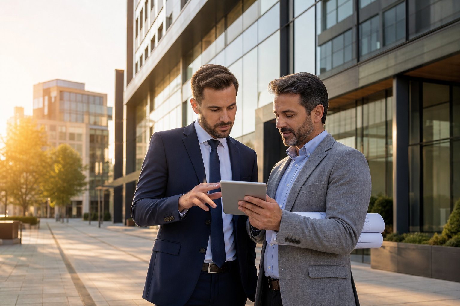 mortgage advisor and business owner reviewing plans on a tablet outside modern commercial buildings Commercial Mortgages In Haslingden