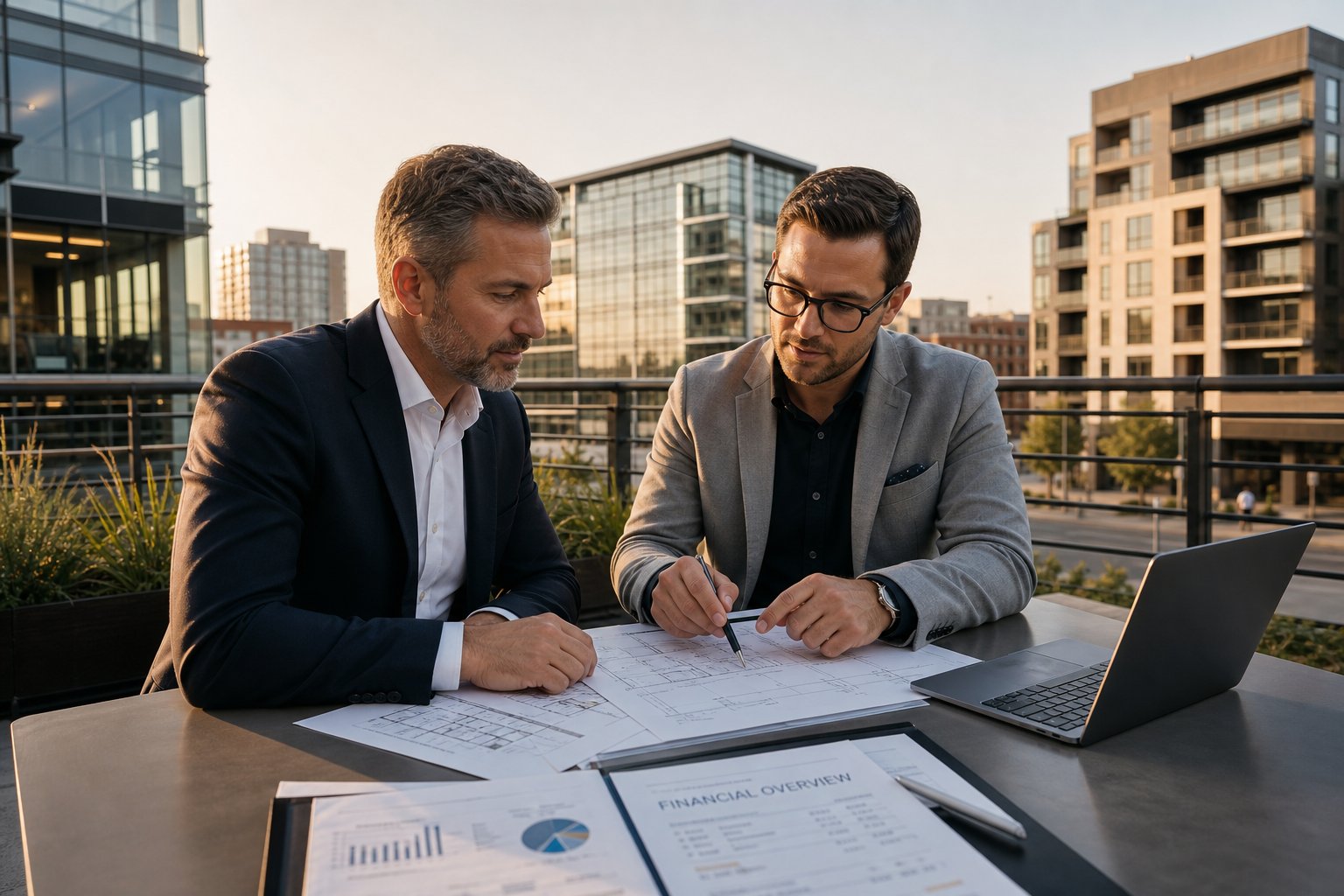 mortgage advisor and business owner reviewing plans on a terrace overlooking modern commercial build Commercial Mortgage Broker Southport
