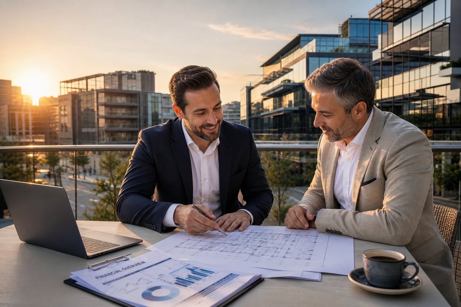 mortgage advisor and investor reviewing commercial property plans on a terrace overlooking modern of Commercial Mortgage Broker Bury - Commercial Property