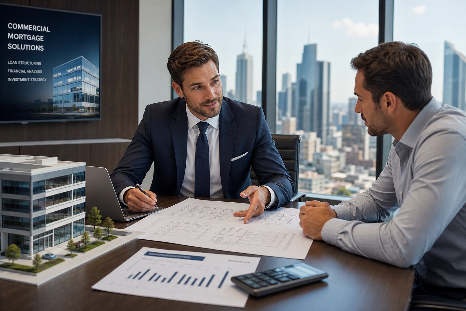 professional commercial mortgage consultation in a modern office with city skyline views and commerc Commercial Mortgage Broker Manchester