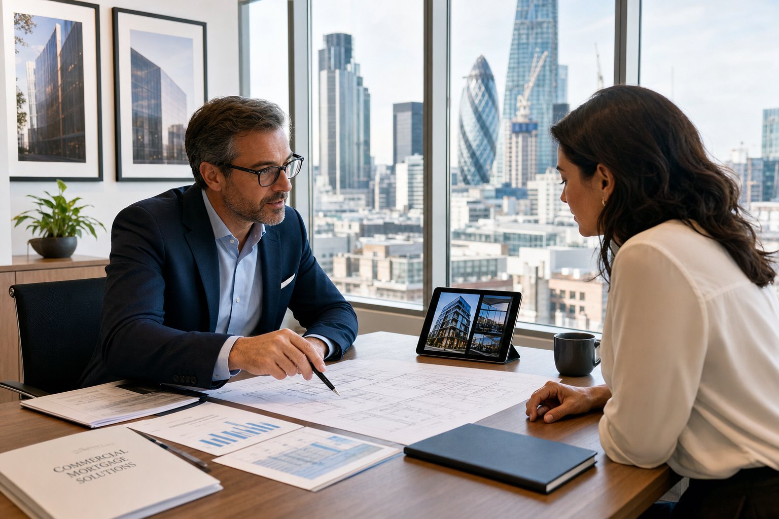 professional commercial mortgage consultation in a modern office with city views building plans an Commercial Mortgage Broker Wigan