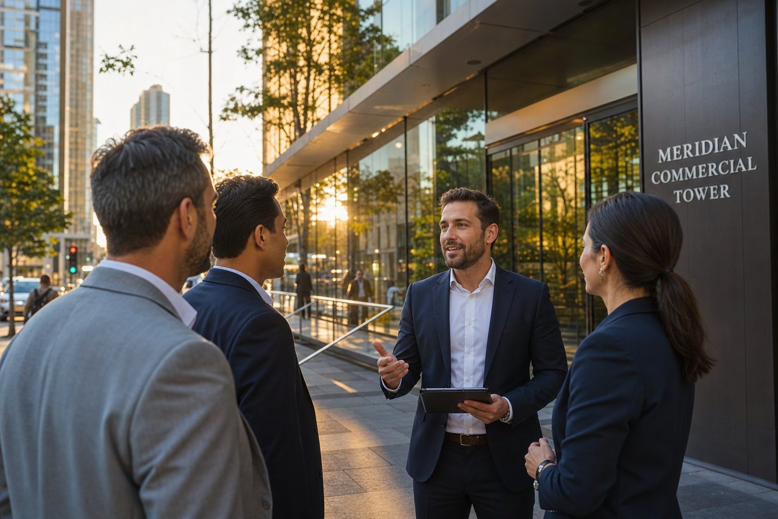 professional commercial mortgage consultation outside a modern office building in a clean city busin Commercial Mortgage Broker Trafford