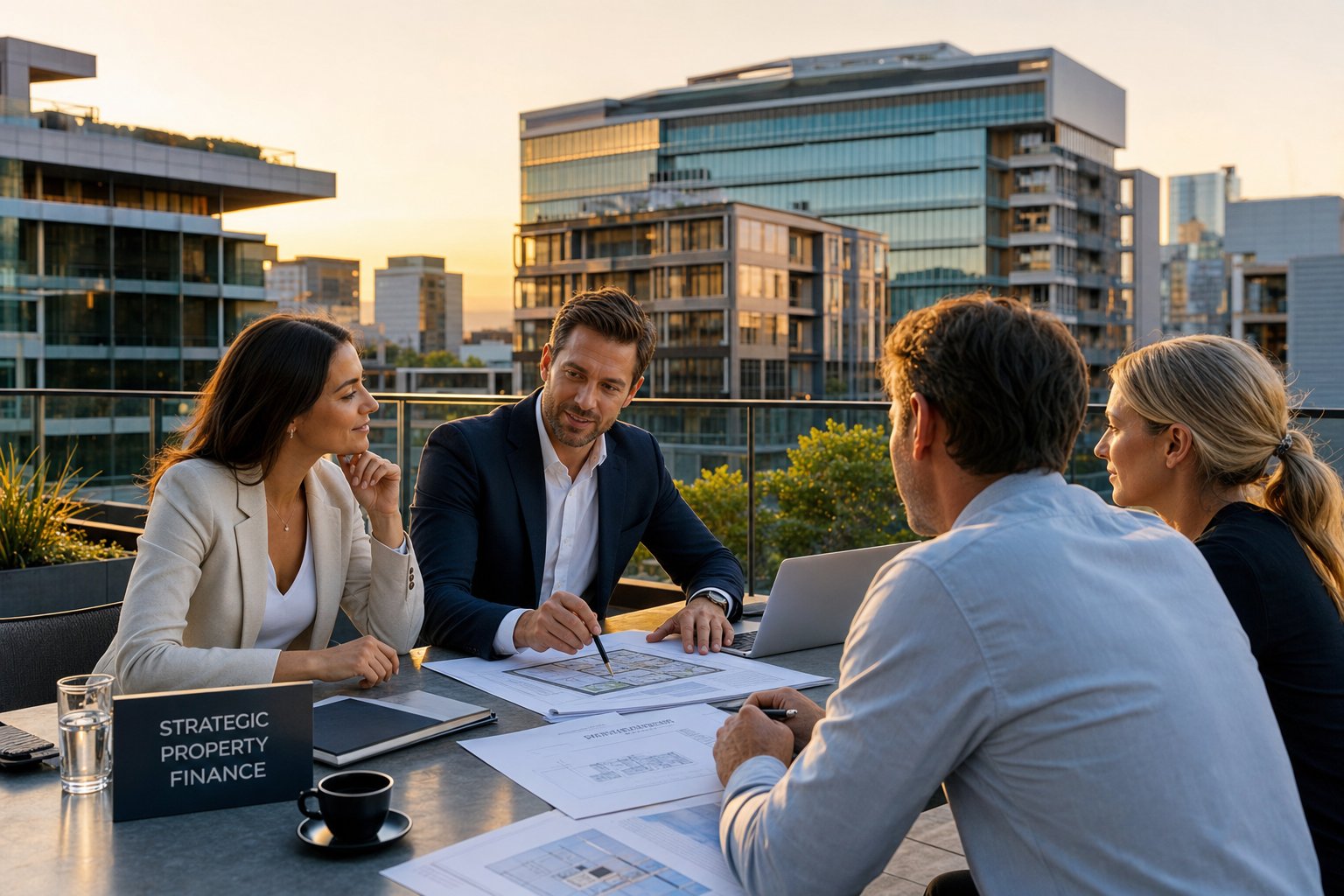professional commercial mortgage meeting on a rooftop overlooking modern office buildings at golden Commercial Mortgage Broker Sale