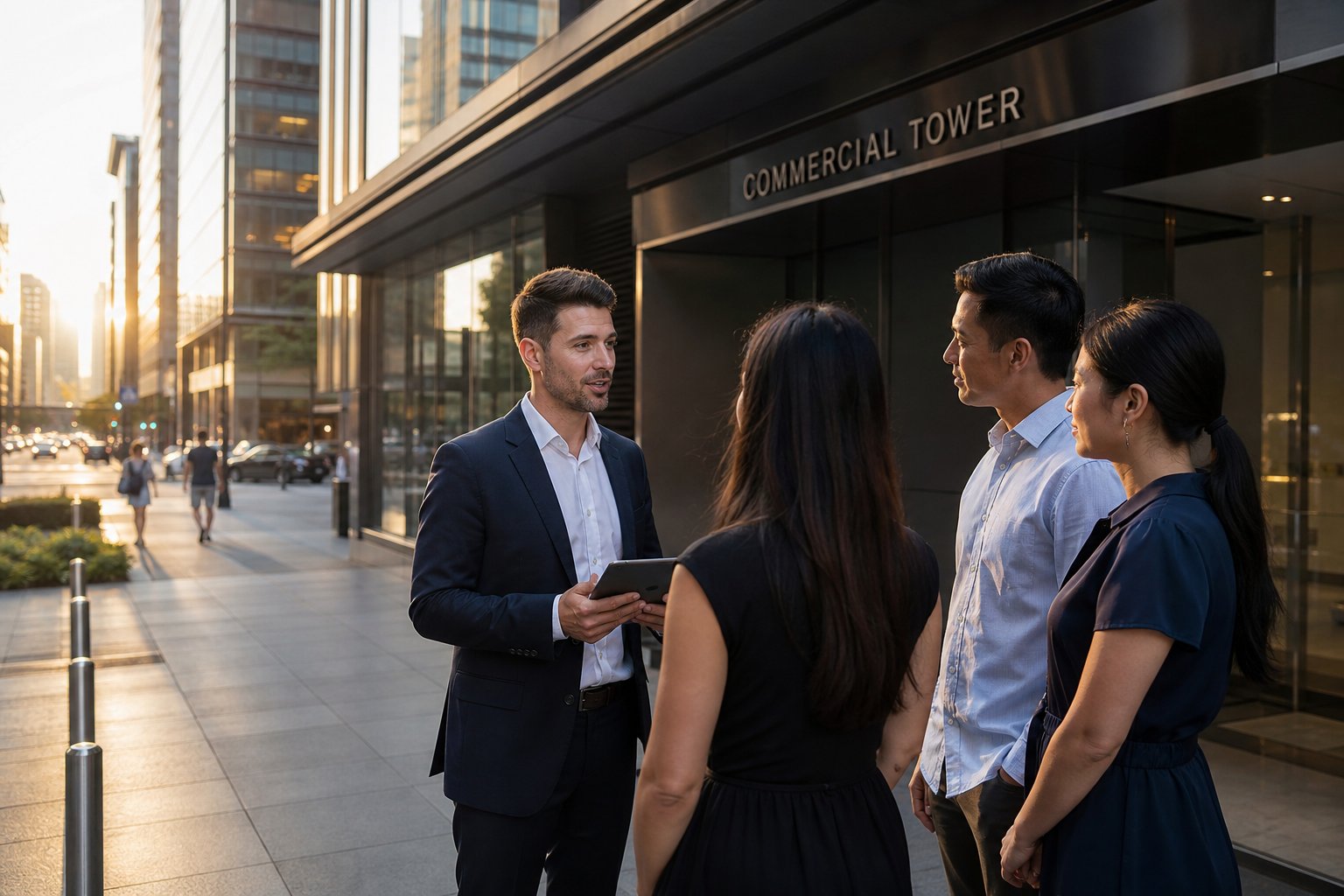 professional commercial mortgage meeting outside a modern office building in a clean city business d Commercial Mortgage Broker Oldham