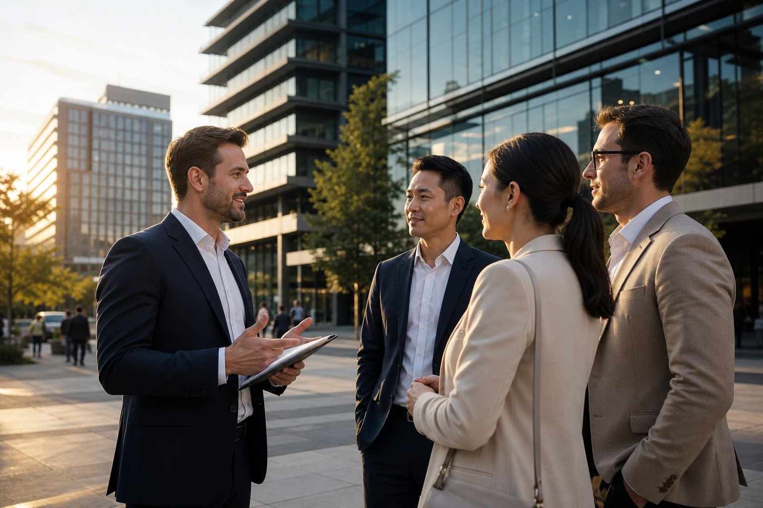 professional commercial mortgage meeting outside a modern office building in a polished urban busine Commercial Mortgage Brokers Blackpool for Purchase and Refinance