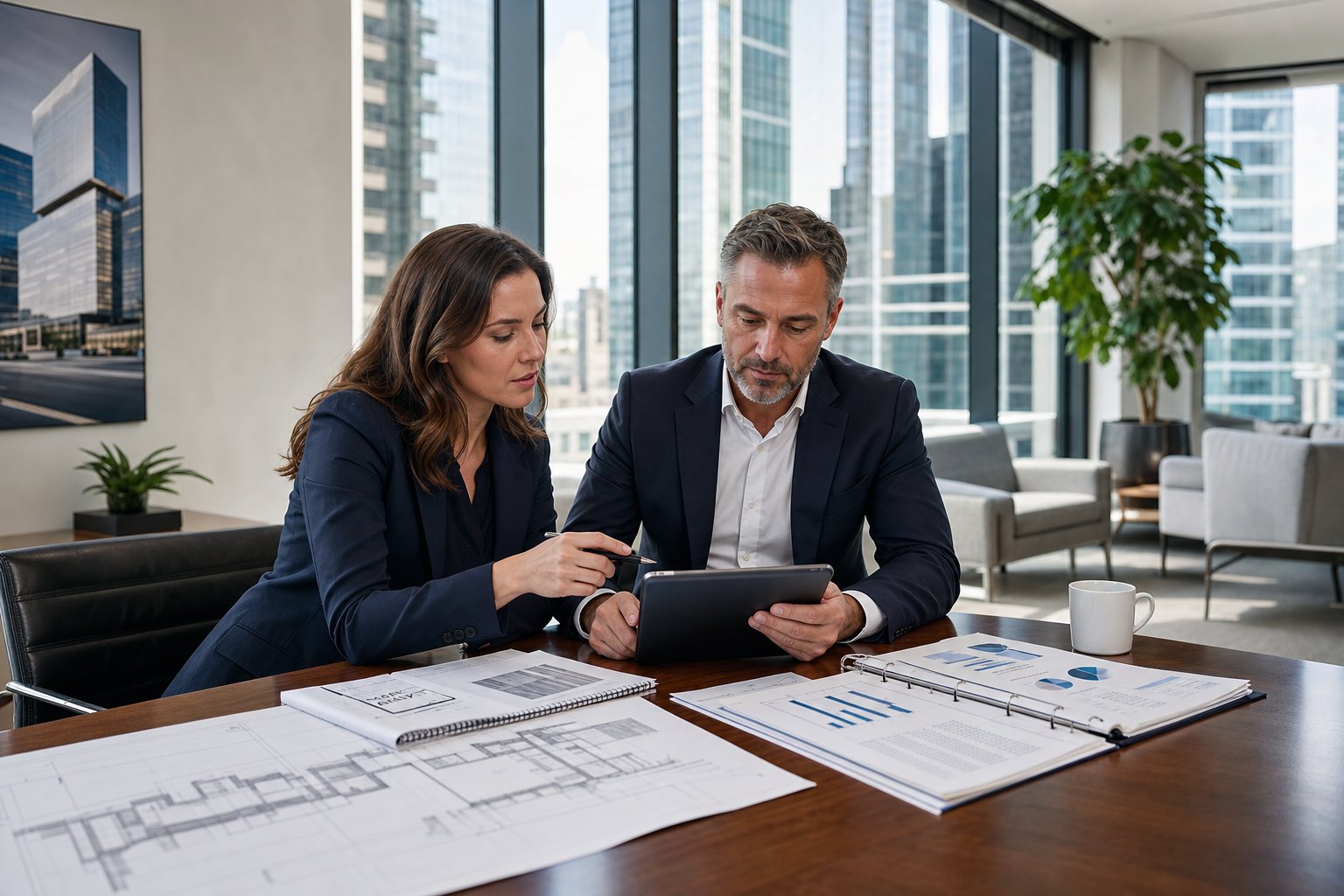 professionals reviewing commercial property financing documents in a modern office with a city skyli Commercial Mortgage Broker Lytham